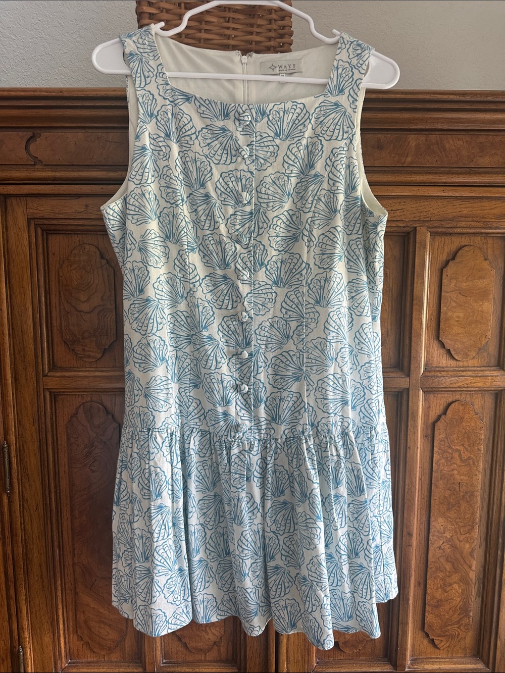 Wayf Cream and Light Blue Shell-Print Sleeveless Martini Linen Blend Minidress